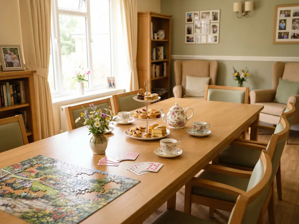 A communal table set for afternoon tea with a jigsaw and games (illustrative image).