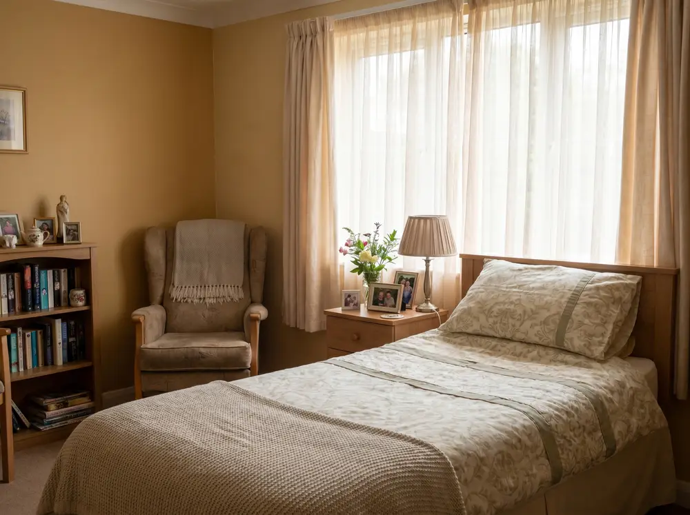 A comfortable, homely bedroom with soft bedding and an armchair by the window (illustrative image).