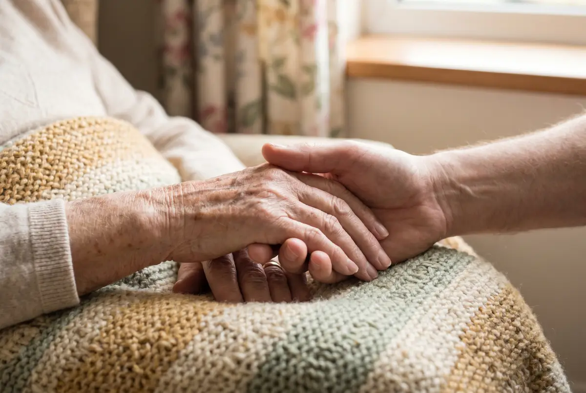 A carer gently holding an older person's hand on a soft blanket (illustrative image).