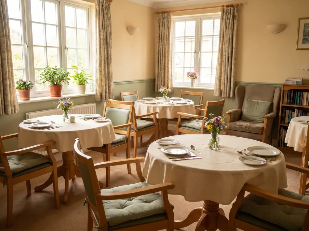 A bright dining room with small tables laid for a meal (illustrative image).