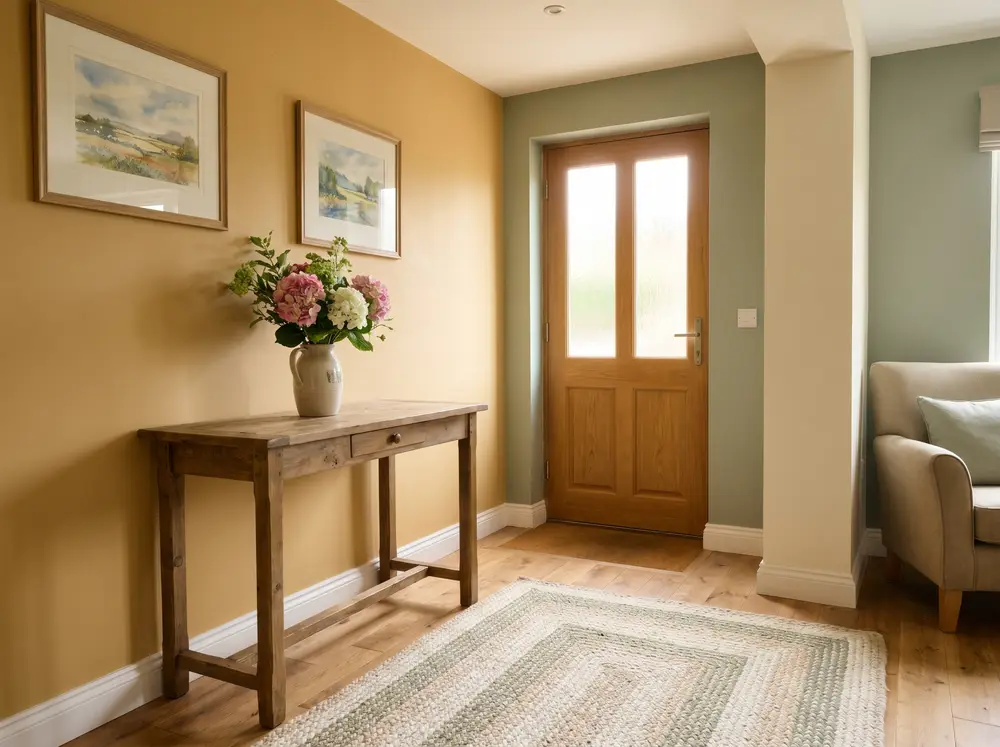 A welcoming entrance hallway with fresh flowers and warm light (illustrative image).