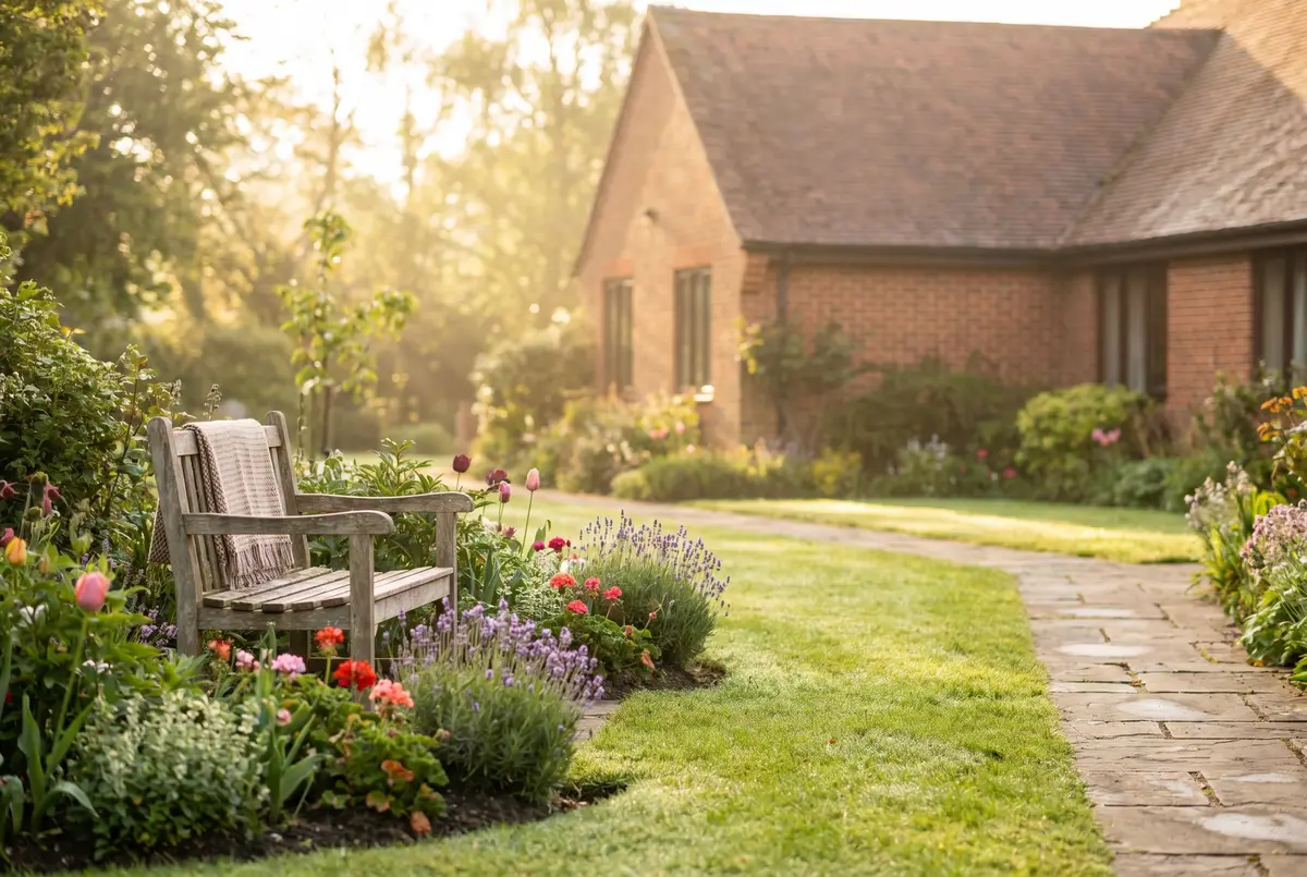 A peaceful care-home garden with a bench and flowerbeds in soft morning light (illustrative image).