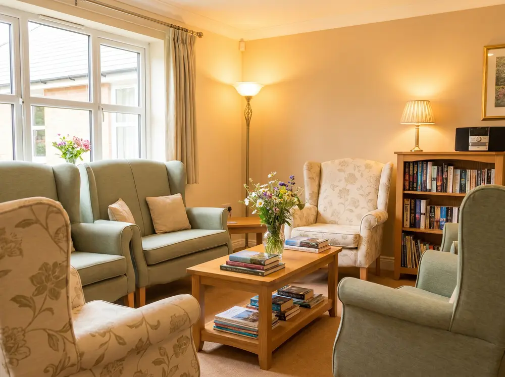 A cosy communal lounge with armchairs, books and warm lamplight (illustrative image).