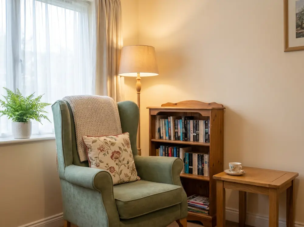 A quiet reading corner with a wingback armchair, bookshelf and reading lamp (illustrative image).